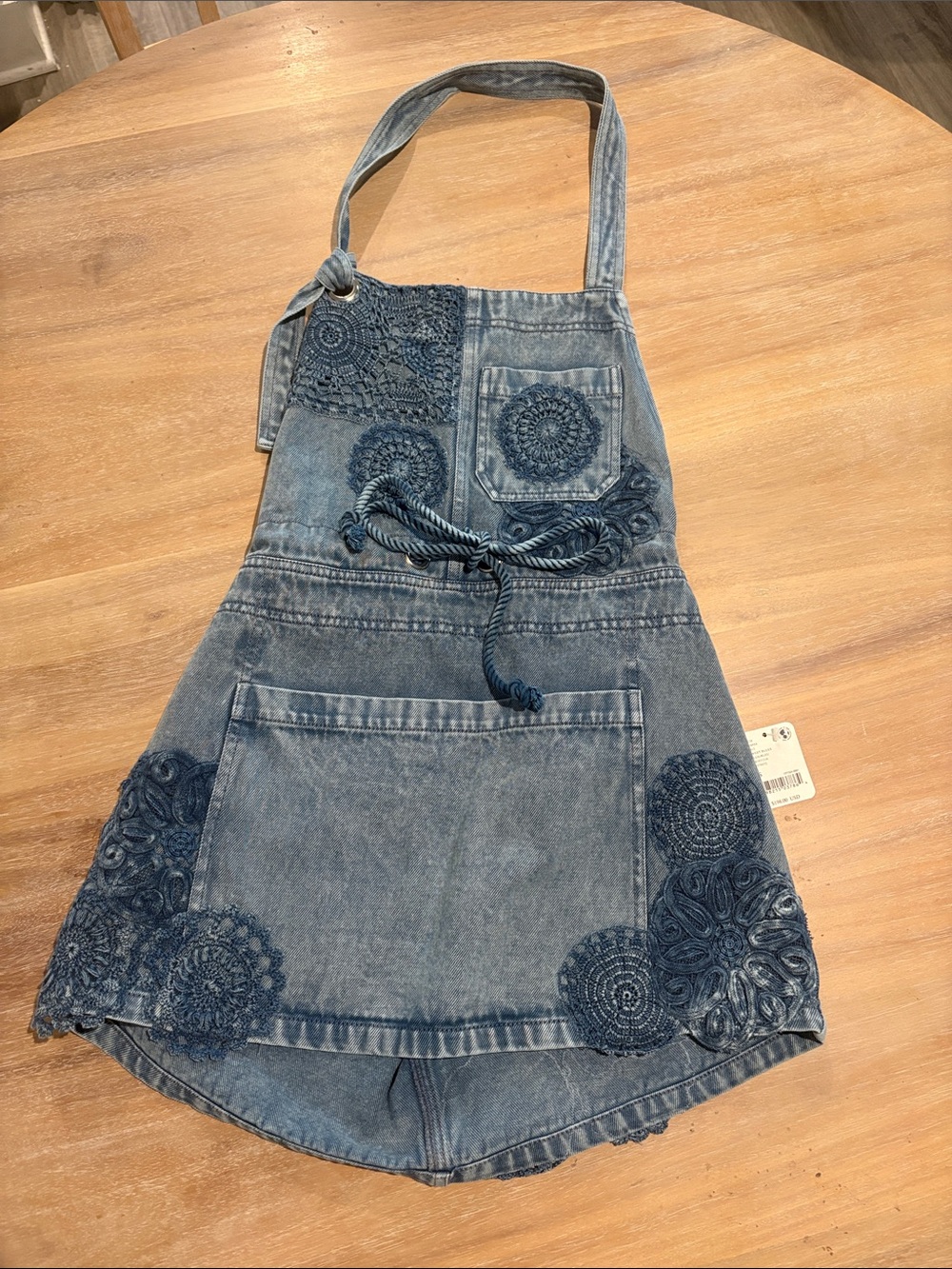Blue Denim Overall Skort with Crochet Appliqué